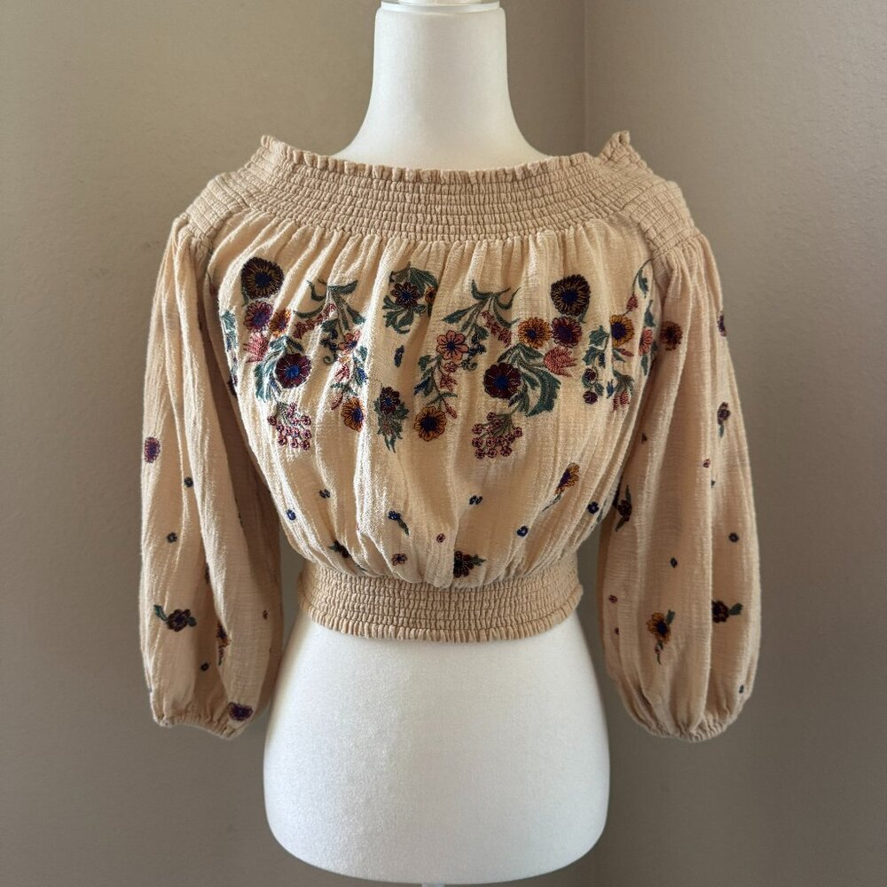 Free People Cream Floral Embroidered Top